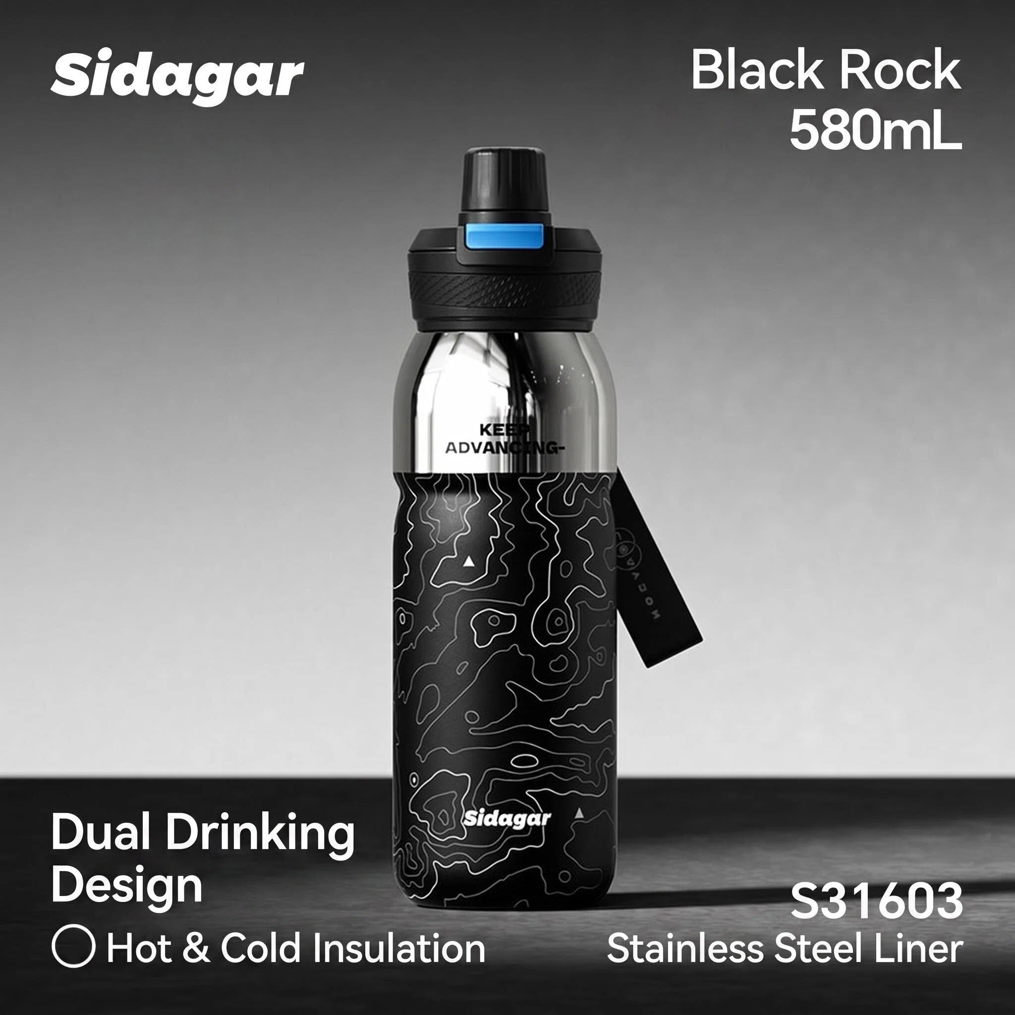 Sidagar 580ml Insulated Sports Bottle with Dual-Drink Lid
