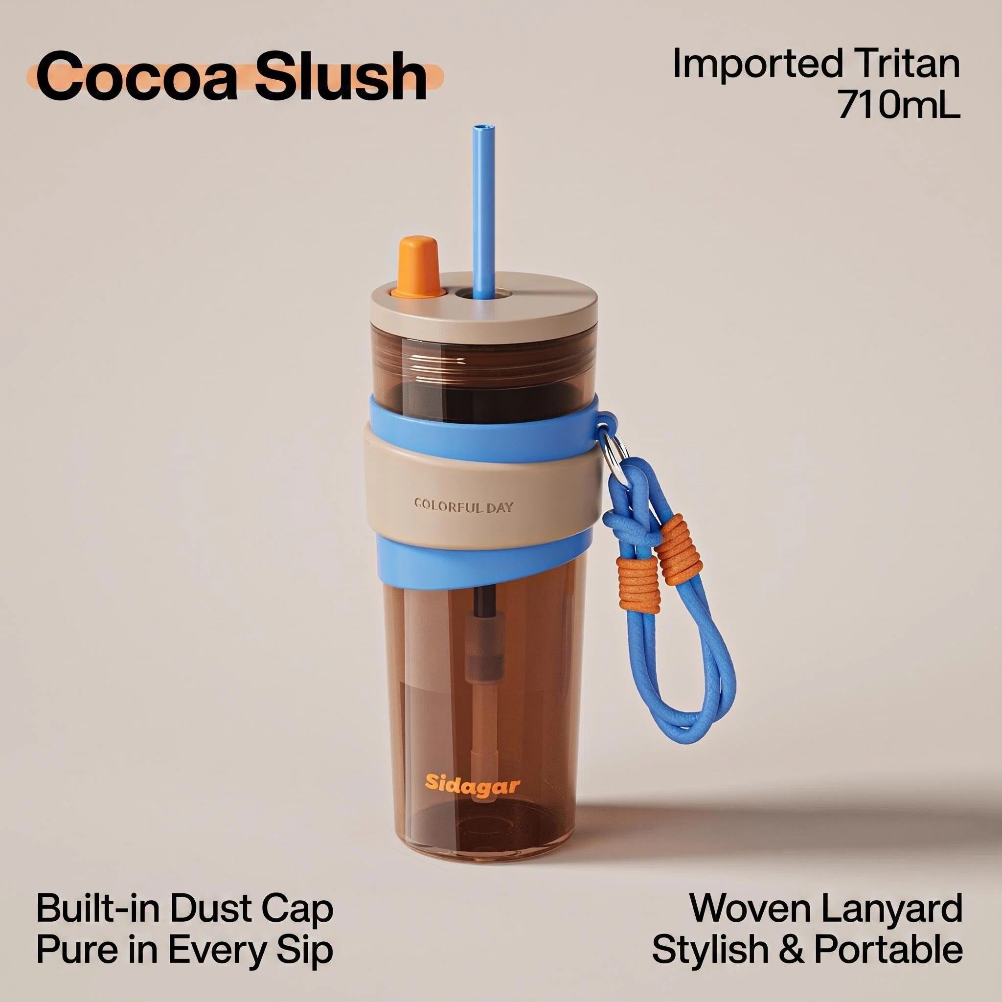 Sidagar 710ml Tritan Straw Water Bottle with Carrying Lanyard
