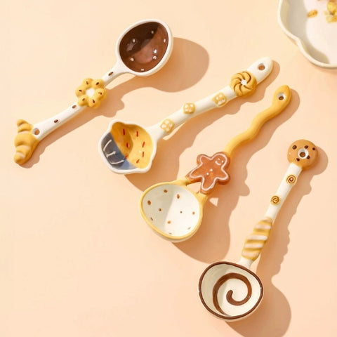 Hand-Painted Ceramic Soup Spoons Set – Cute Bakery Series Long Handle Dessert Spoons with 3D Gingerbread, Croissant & Muffin Designs