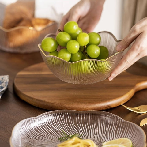 Artisan Gold-Trimmed Flower Language Glass Bowl with Glacial Texture
