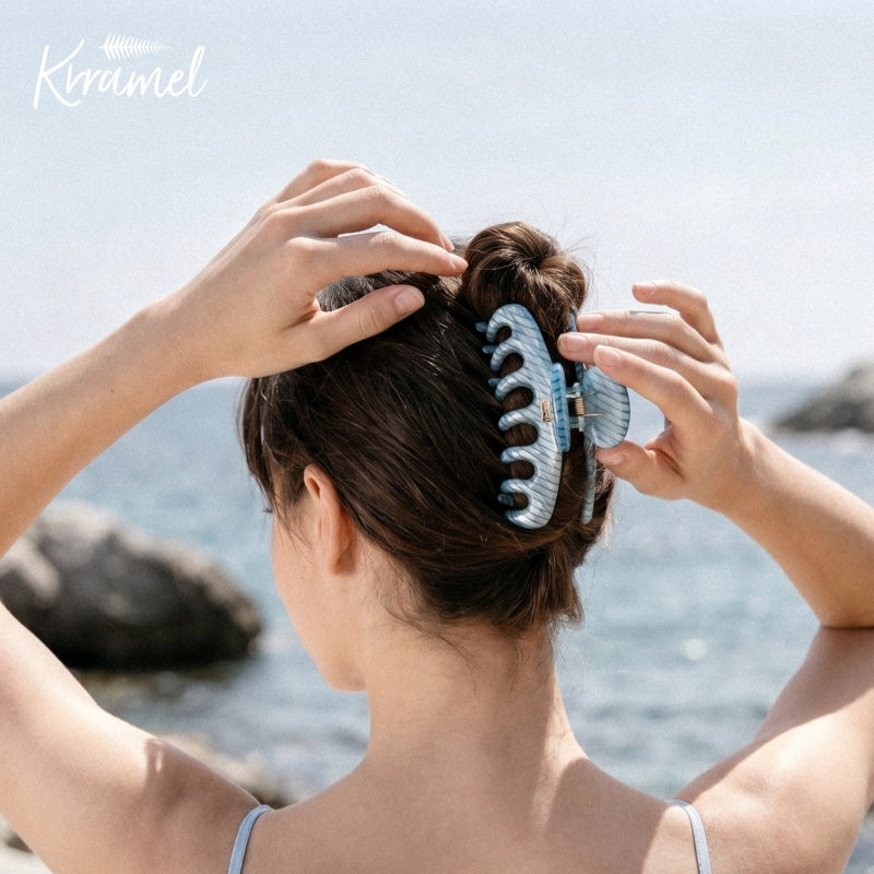 KRRAMEL Acetate Hair Claw Clip for Women – 10.5cm Large Plant-Based Cellulose Acetate Jaw Clip, Strong Hold Non-Slip Hair Accessory for Thick & Curly Hair, Lightweight Luxury French-Style Hair Claw (Lake Blue Marble)