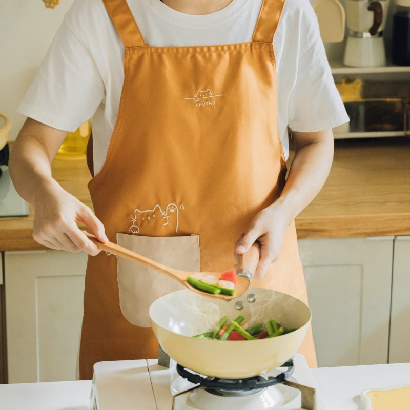 Fat Orange Waterproof Apron Front View with Cat Embroidery and Adjustable Straps