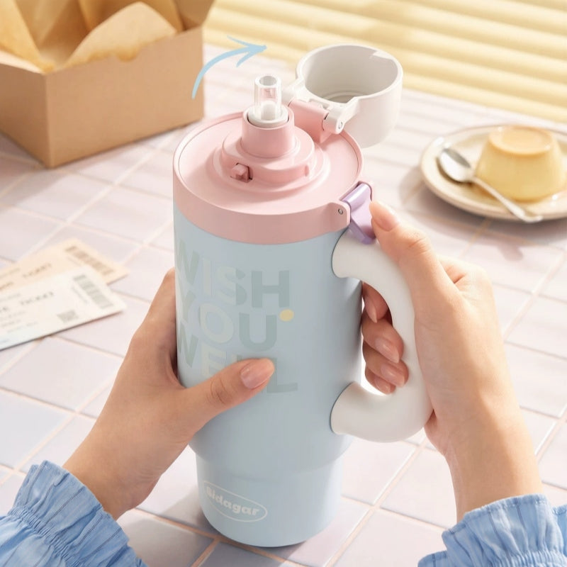 Sidagar 800ml blue insulated tumbler with handle and one-click open lid for office desk hydration