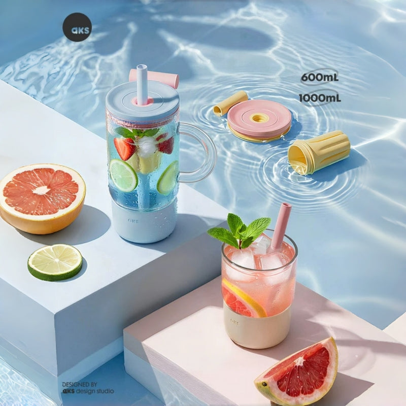AKS Gigi Ice Flavor Glass Straw Cup with Handle & Tea Infuser – 600mL/1000mL