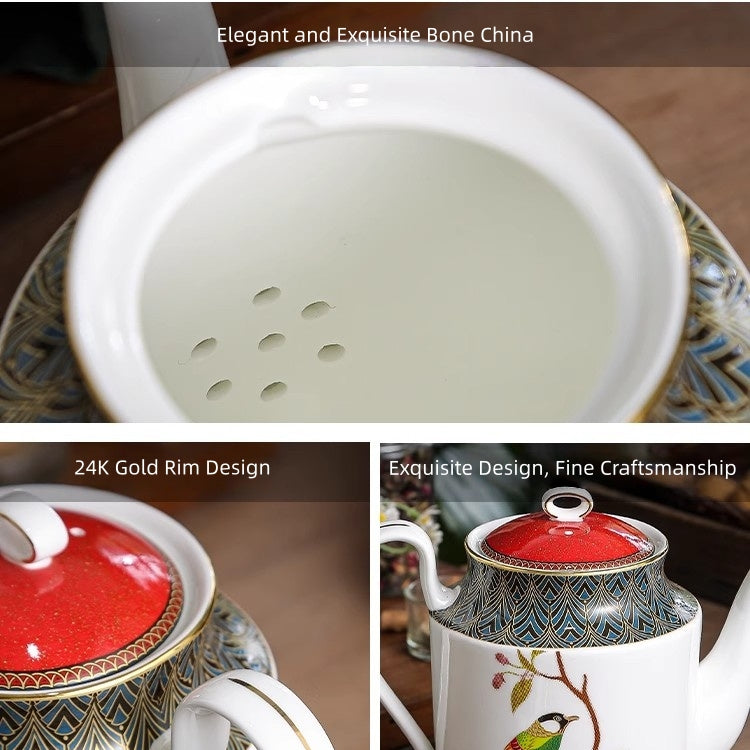 Silver-Eared Mesia Bone China Tea Set – Hand-Painted Embossed Luxury Tea Pot & Cups Set