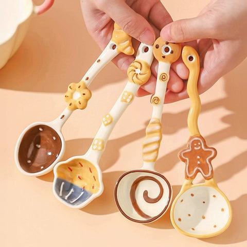Hand-Painted Ceramic Soup Spoons Set – Cute Bakery Series Long Handle Dessert Spoons with 3D Gingerbread, Croissant & Muffin Designs
