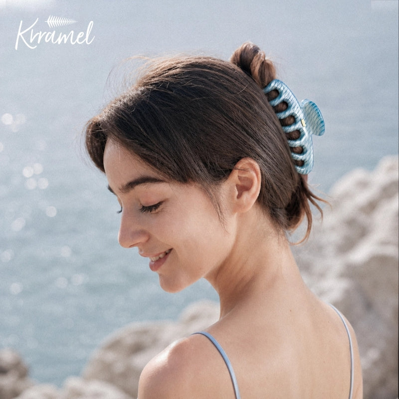 KRRAMEL Acetate Hair Claw Clip for Women – 10.5cm Large Plant-Based Cellulose Acetate Jaw Clip, Strong Hold Non-Slip Hair Accessory for Thick & Curly Hair, Lightweight Luxury French-Style Hair Claw (Lake Blue Marble)