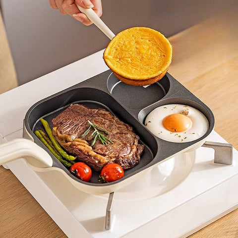 Versatile Three-Section Frying Pan for Breakfast Cooking