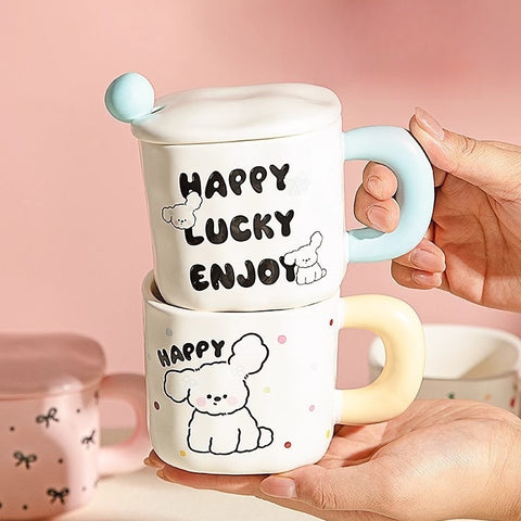 Ceramic animal-themed mug with butterfly, puppy, and cherry designs