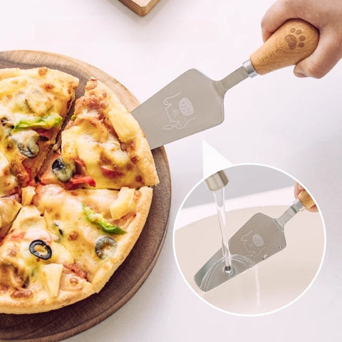 Triangle server lifting pizza slice on plate