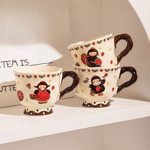 Vintage high-footed ceramic mug with twisted handle and animal-themed design, microwave-safe and lead-free.