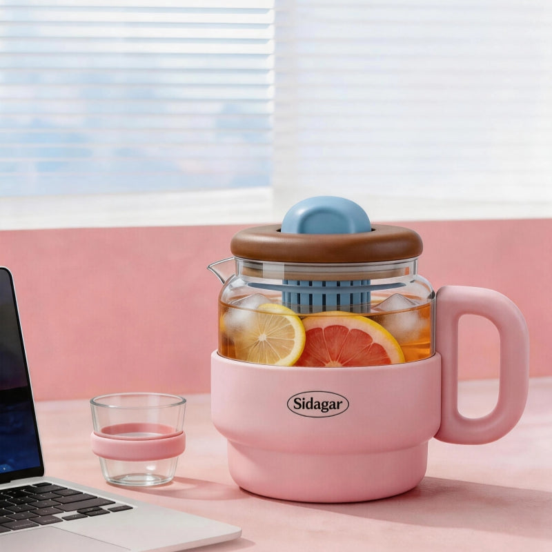 Sidagar 1050ml tea infuser mug on desk with fruit tea