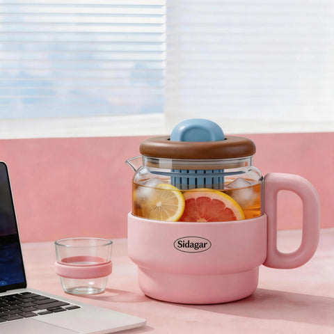 Sidagar 1050ml tea infuser mug on desk with fruit tea