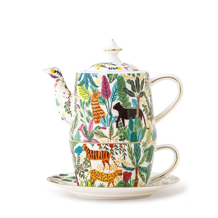 Enchanting Forest Bone China Teapot Set with Gold Trim