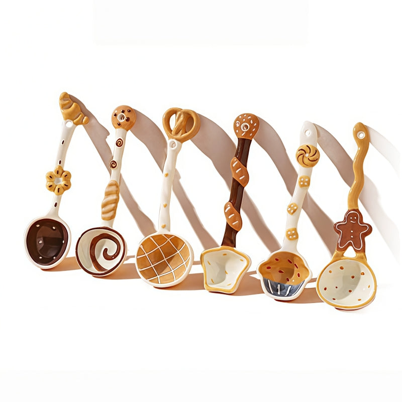 Hand-Painted Ceramic Soup Spoons Set – Cute Bakery Series Long Handle Dessert Spoons with 3D Gingerbread, Croissant & Muffin Designs