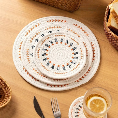 Floret Vintage Cotton Linen Table Mats Set - Handmade, Heat-Resistant, 4 Sizes (12cm-30cm) for Coasters, Placemats, Eco-Friendly Kitchen Decor