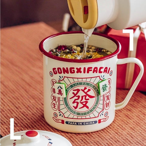 Fa Fa Enamel Mug with Mahjong Magnets – 2L Retro Design