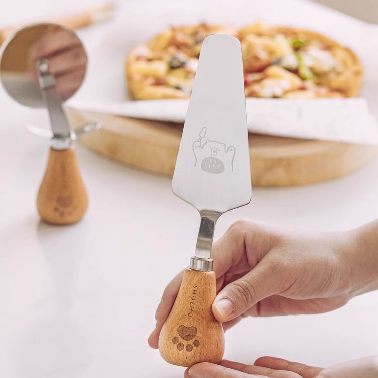 SHUEHO Stand-Up Pizza Cutter & Server Set - 360° Blade, Wood Handle
