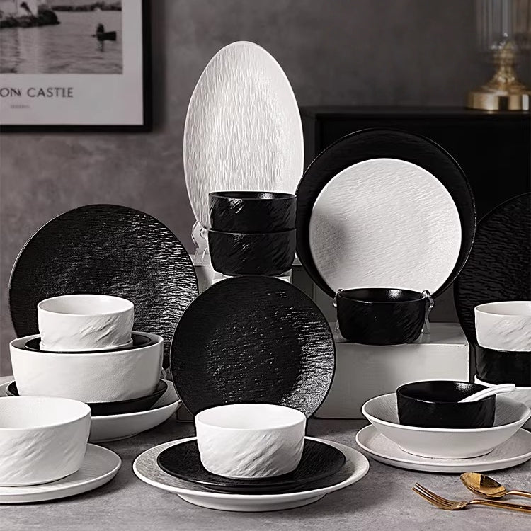 Nordic Black and White Stone Grain Ceramic Dinnerware Set