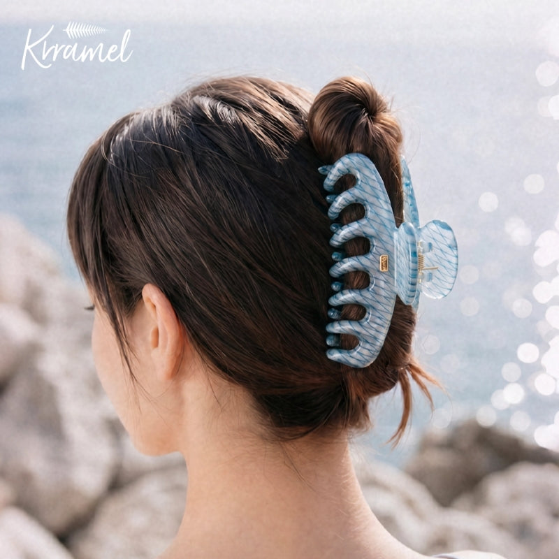 KRRAMEL Acetate Hair Claw Clip for Women – 10.5cm Large Plant-Based Cellulose Acetate Jaw Clip, Strong Hold Non-Slip Hair Accessory for Thick & Curly Hair, Lightweight Luxury French-Style Hair Claw (Lake Blue Marble)
