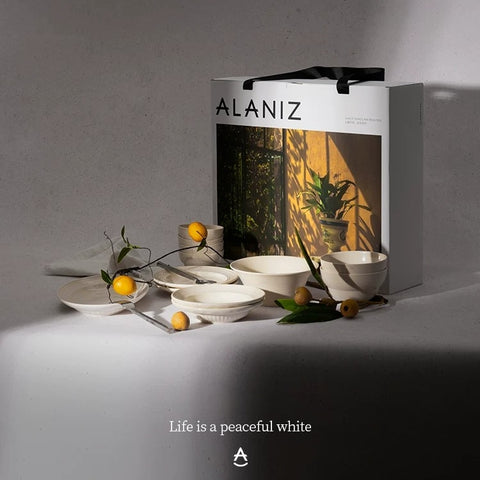 ALANIZ Benin Series white ceramic dinnerware set with gift box packaging, available in multiple sizes from 2 to 8 persons