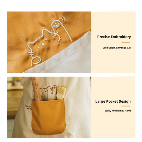 Fat Orange Waterproof Apron Front View with Cat Embroidery and Adjustable Straps