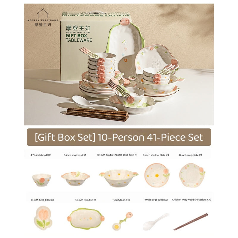 MODERN SWEET HOME Tulip Blossom Ceramic Dinnerware Set with Hand-Painted Underglaze Design, Microwave Safe for Everyday Use
