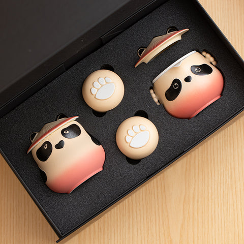 Bei Xia Panda Teapot and Bear Paw Cups Set on Bamboo Tea Tray