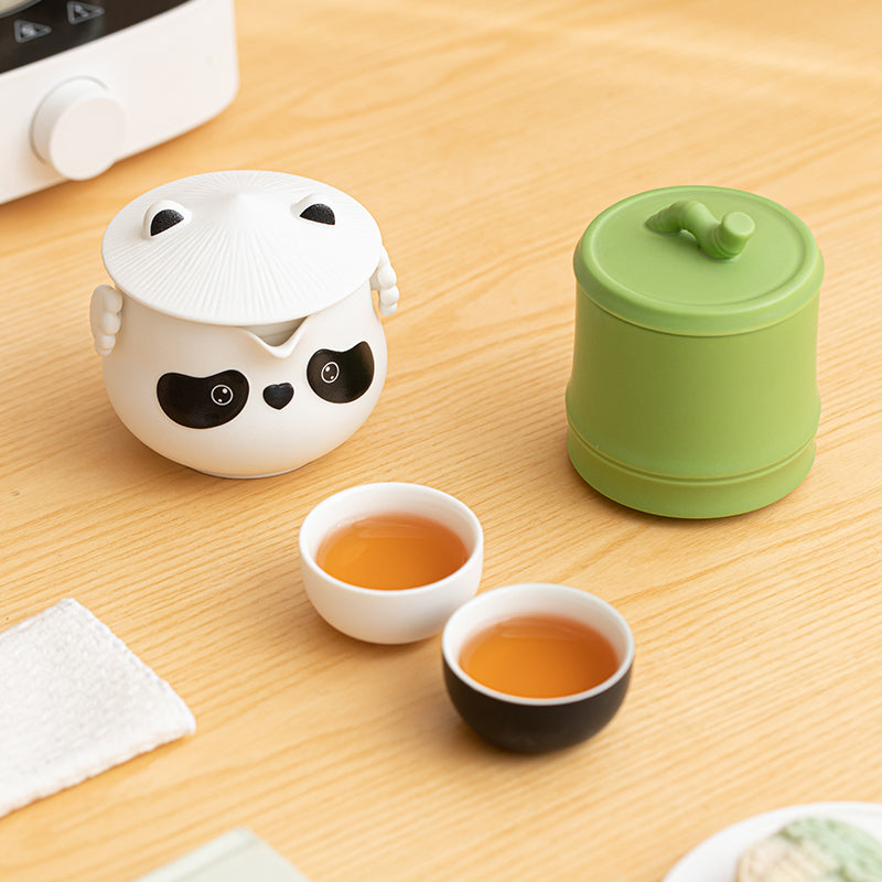 Bei Xia Panda Teapot and Bear Paw Cups Set on Bamboo Tea Tray