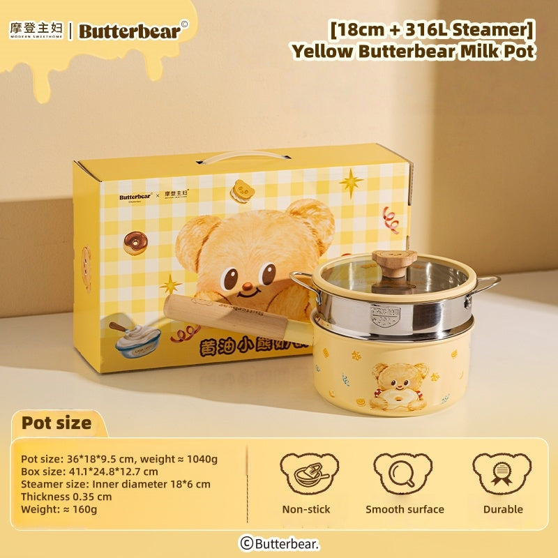 MDZF Butter Bear Titanium Ceramic Non-Toxic Non-Stick Milk Saucepan Pot | 0 PFAS, 0 Fluorine | PFOA-Free Baby Food Cookware | Induction Compatible (18cm & 20cm)