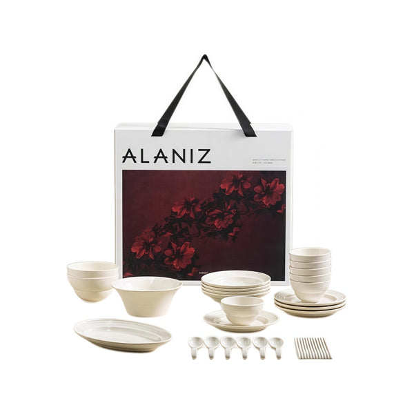 ALANIZ Benin Series white ceramic dinnerware set with gift box packaging, available in multiple sizes from 2 to 8 persons