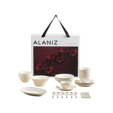ALANIZ Benin Series white ceramic dinnerware set with gift box packaging, available in multiple sizes from 2 to 8 persons