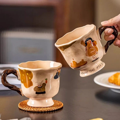 Vintage high-footed ceramic mug with twisted handle and animal-themed design, microwave-safe and lead-free