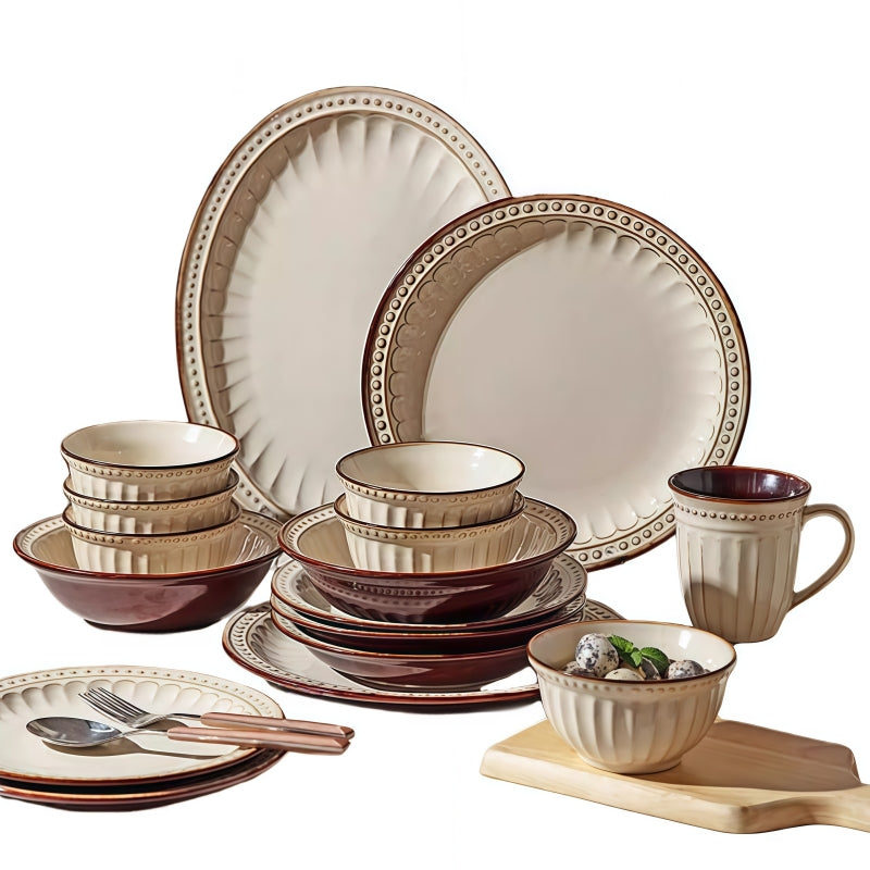 Close up of ceramic plate with unique kiln-changed reactive glaze and bead dot texture