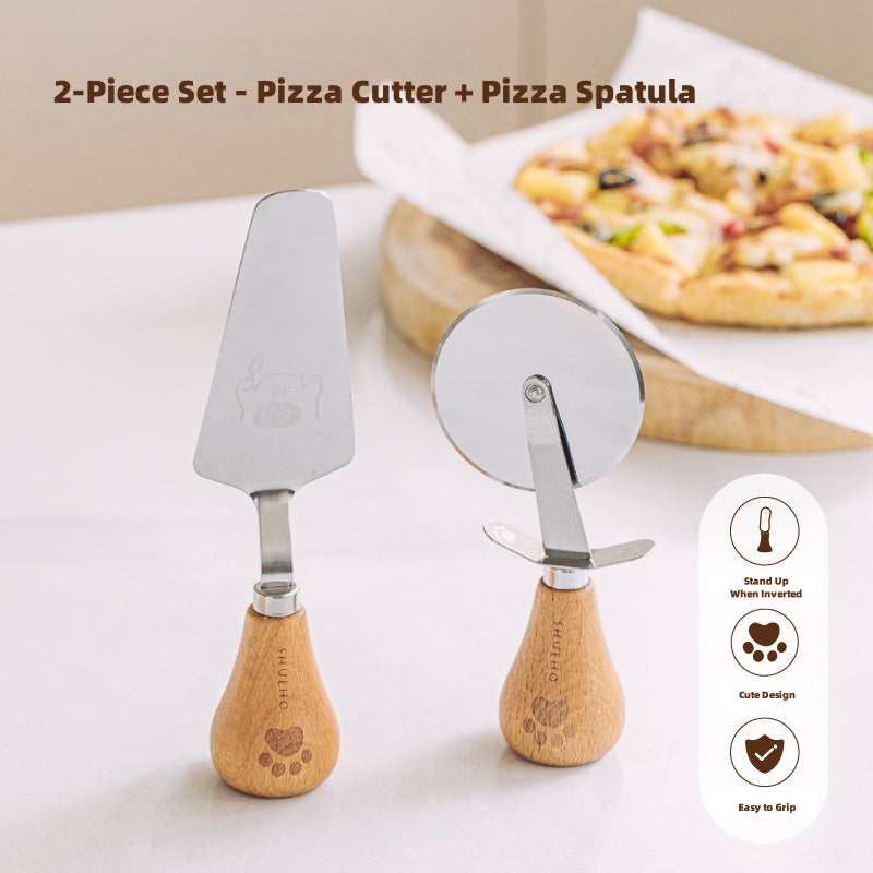 SHUEHO Stand-Up Bear Paw Pizza Cutter & Triangle Server Set - 360° Rolling Blade, Beech Wood Handle, Food-Grade 430/420 Stainless Steel
