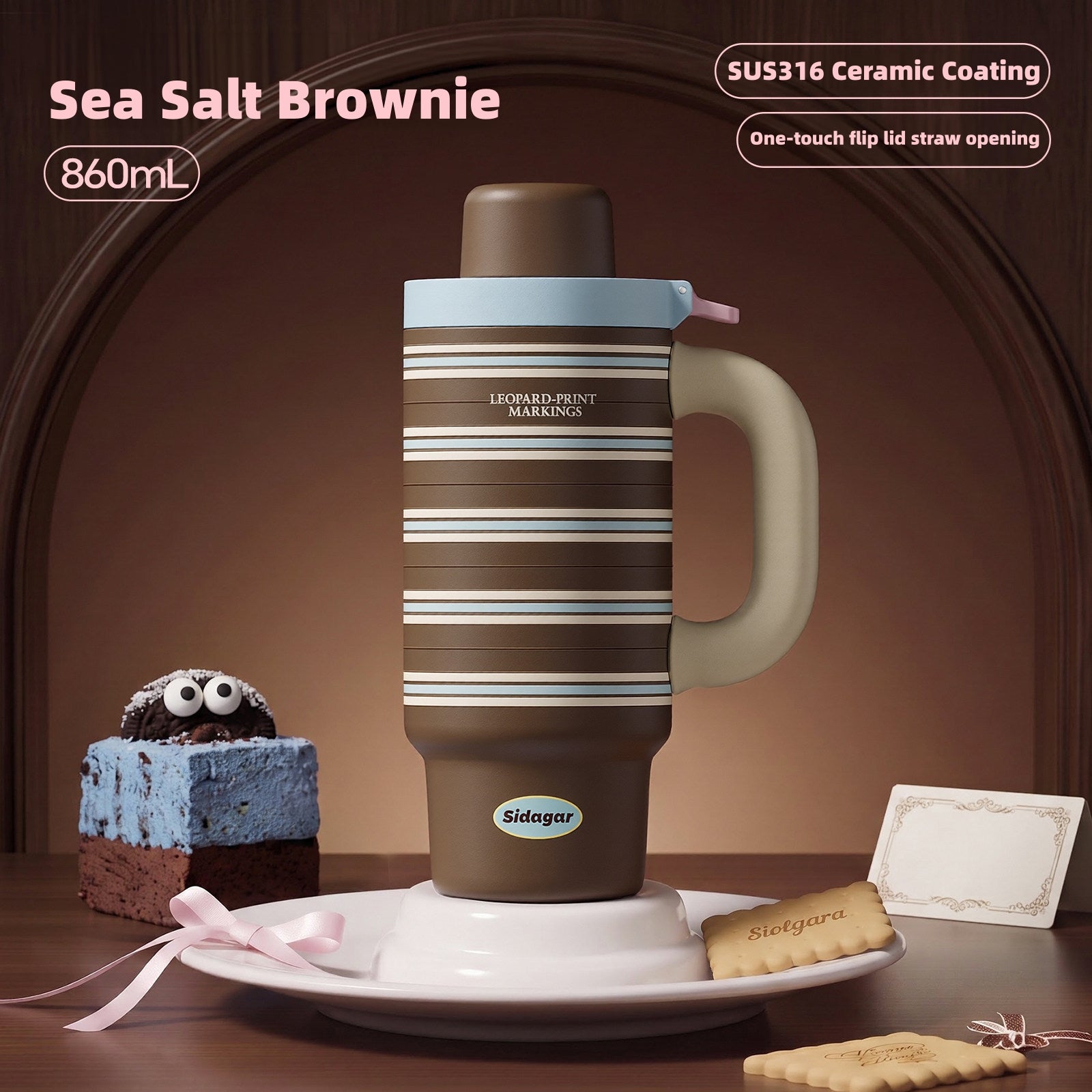 Sidagar Caramel Dessert Collection — Coquette Ceramic-Lined Insulated Tumbler with Handle & Straw | 316L Stainless Steel Travel Mug | Cute Aesthetic Water Bottle for Hot & Cold Drinks