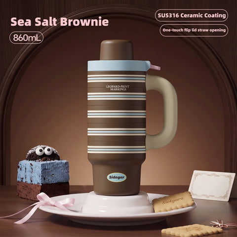 Sidagar Caramel Dessert Collection — Coquette Ceramic-Lined Insulated Tumbler with Handle & Straw | 316L Stainless Steel Travel Mug | Cute Aesthetic Water Bottle for Hot & Cold Drinks