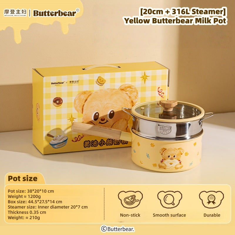 MDZF Butter Bear Titanium Ceramic Non-Toxic Non-Stick Milk Saucepan Pot | 0 PFAS, 0 Fluorine | PFOA-Free Baby Food Cookware | Induction Compatible (18cm & 20cm)