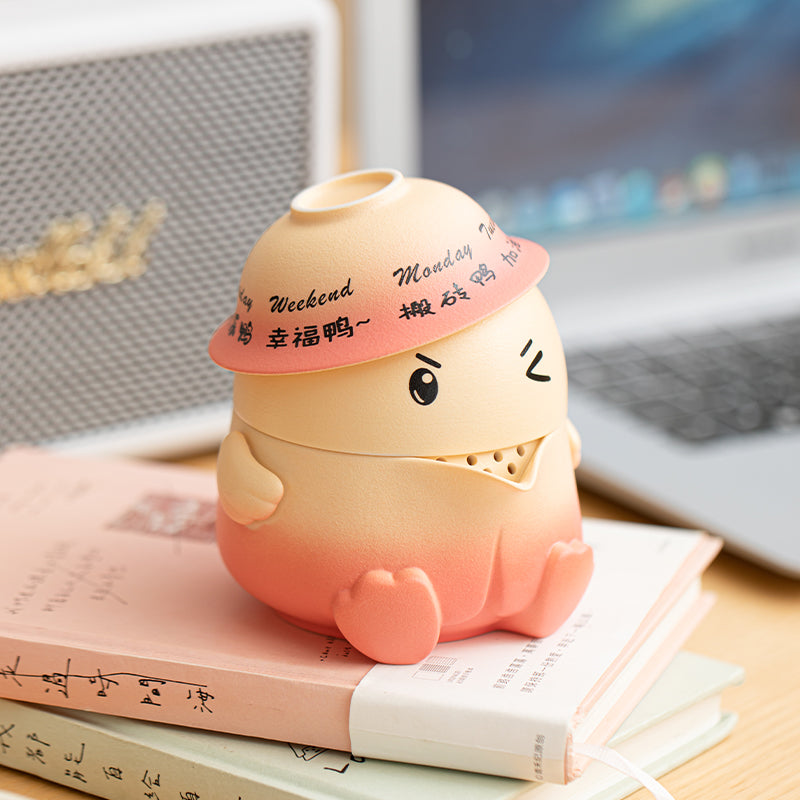 Weekday-themed rotating duck design on teapot lid for daily positivity.
