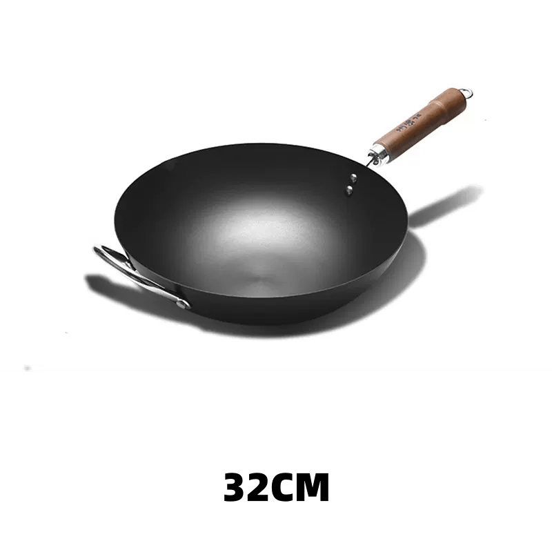 WANGYUANJI Carbon Steel Wok Pan, 11" Flat Bottom Woks and Stir Fry Pans with Lid,No Chemical Coated Traditional Wok for Induction, Electric, Gas, Halogen All Stoves-Practical Gift, 32/34/36cm
