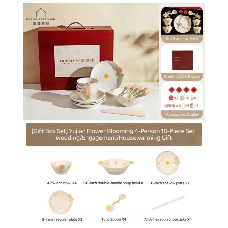 MODERN SWEET HOME Tulip Blossom Ceramic Dinnerware Set with Hand-Painted Underglaze Design, Microwave Safe for Everyday Use
