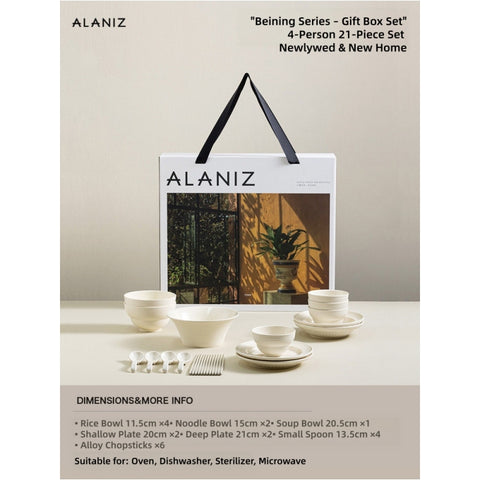 ALANIZ Benin Series Ceramic Dinnerware Set – High-Temperature Reinforced Porcelain Tableware, Multiple Configurations Available (2/4/6/8-Person, 14/21/30/42-Piece), Dishwasher & Microwave Safe, Practical & Gift Box Packaging