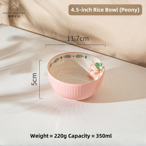 Hand-Painted Japanese Style Rice Bowls Set – 5.1 Inch Microwave & Dishwasher Safe Ceramic Tableware, Eco-Friendly Underglaze Floral Design (Blue Sakura, Falling Blossoms, Mini Cherry, Ten Grass)