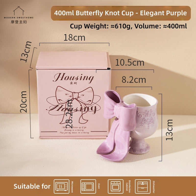 MDZF SWEET HOME Princess Escape Series Ceramic Mug with 3D Bow - Elegant Underglaze Hand-Painted Design, Gift Ready Coffee Cup with Spoon