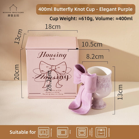 MDZF SWEET HOME Princess Escape Series Ceramic Mug with 3D Bow - Elegant Underglaze Hand-Painted Design, Gift Ready Coffee Cup with Spoon