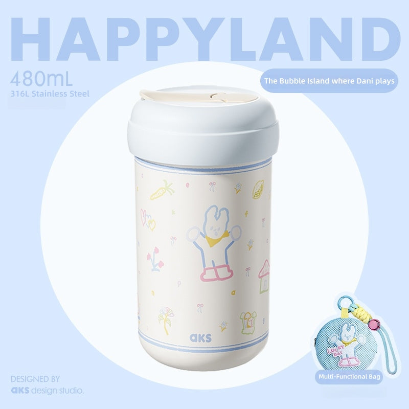 AKS DAWAN LULU & MORA Insulated Tumbler with Pouch Set - 480ml & 550ml, 316L Stainless Steel, Cute Aesthetic Travel Cup, Hot & Cold Flask, Official Illustrator IP Gift