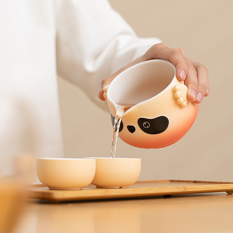 BEIXIA Kung Fu Panda Travel Tea Set with 3D Cat Paw Relief and Bamboo Lid Design