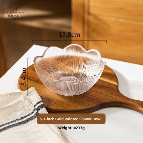 Artisan Gold-Trimmed Sodium Calcium Glass Bowls & Plates - Handcrafted Flower Language Series with Glacial Texture
