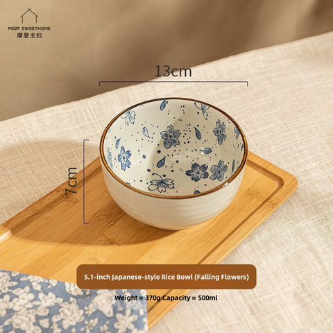 Hand-Painted Japanese Style Rice Bowls Set – 5.1 Inch Microwave & Dishwasher Safe Ceramic Tableware, Eco-Friendly Underglaze Floral Design (Blue Sakura, Falling Blossoms, Mini Cherry, Ten Grass)