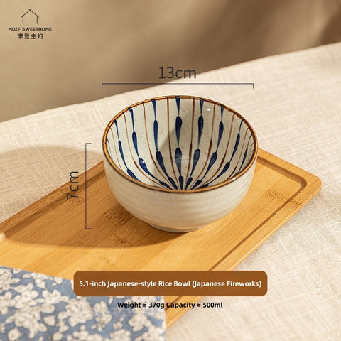Hand-Painted Japanese Style Rice Bowls Set – 5.1 Inch Microwave & Dishwasher Safe Ceramic Tableware, Eco-Friendly Underglaze Floral Design (Blue Sakura, Falling Blossoms, Mini Cherry, Ten Grass)